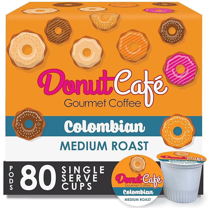 Donut Café - Coffee Gourmet Pods Colombian Blend Medium Roast – Non-GMO Gluten Free – Compatible with Keurig K Cup Brewers – Smooth &amp Delicious – 80 Count