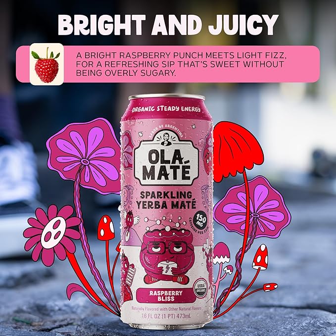 Yerba Mate Energy Drink - Low Sugar Sparkling Tea Cans with Ashwagandha Lion’s Mane USDA Organic Clean Energy Drink with 150mg Natural Caffeine Ola Mate Raspberry