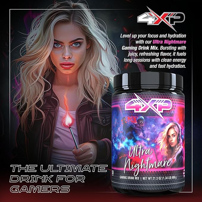 4XP Ultra Nightmare Watermelon Gaming Energy Drink Mix| Low-Caffeine Nootropic Powder with B Vitamins &amp Watermelon Flavor for Gamers | 50-Serving Container