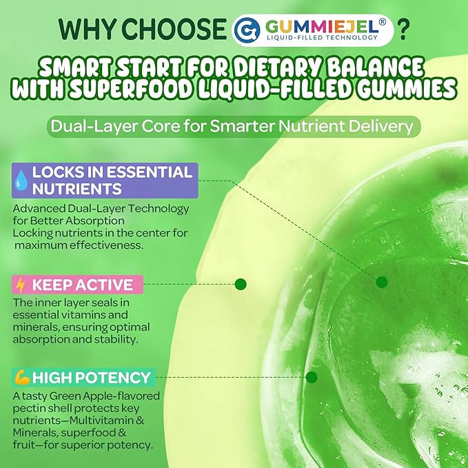 NEVISS Kids 4+ &amp Teens Super Greens 40-in-1 Gummies w/Multivitamin Omega3 Iron D3K2 Picky Eater Organic Super Fruits Veggies Superfood Gummy Mushroom Lutein | Immune Bone Brain Energy Sugar