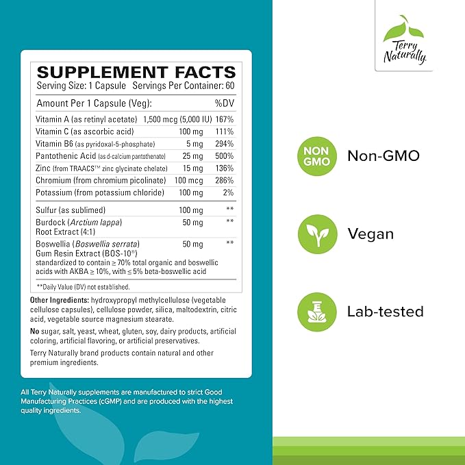 Terry Naturally Acne Essentials - Skin Support Supplement for Clear Skin - Supplement with Vitamins A C &amp Zinc - Skincare Supplement for Occasional Acne - 60 Capsules (60 Servings)