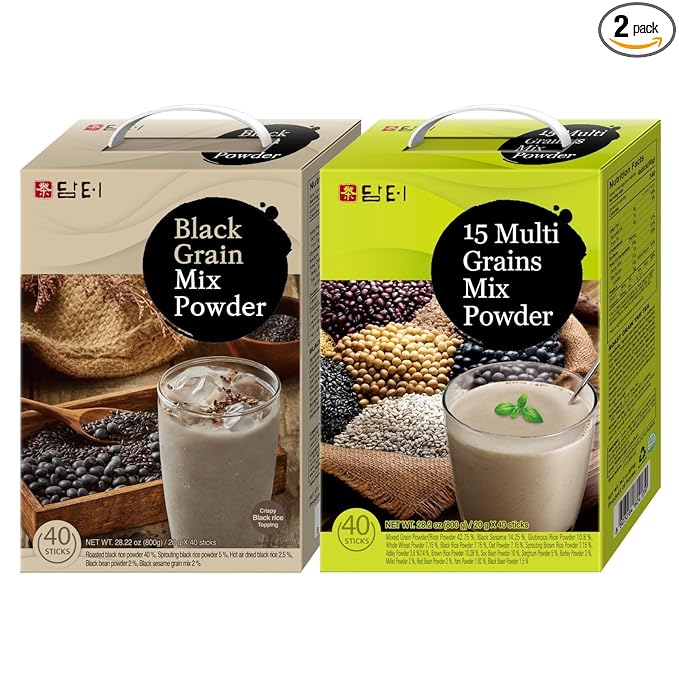 Damtuh Korean Misugaru Drink Mix Bundle – 15-Grain Multigrain Powder + Black Grain Misugaru Powder Latte-Style Drink Caffeine-Free 20g x 80 Stick Packs
