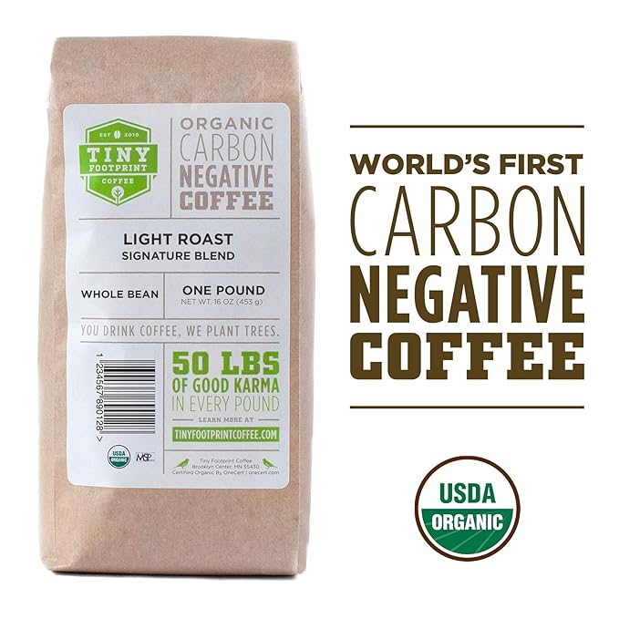 Tiny Footprint Coffee - Light Roast Signature Blend | Carbon Negative | USDA Organic | 16 oz. Whole Bean Coffee (Pack of 2)