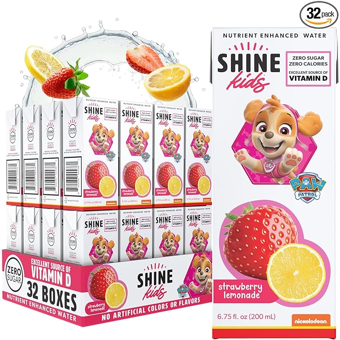 Shine Water x Paw Patrol Strawberry Lemonade Kids Juice Boxes with Vitamin D 32-Pack | No Added Sugar | Naturally Flavored Drinks for Kids | Vegan Gluten Free Zero Calorie Hydration