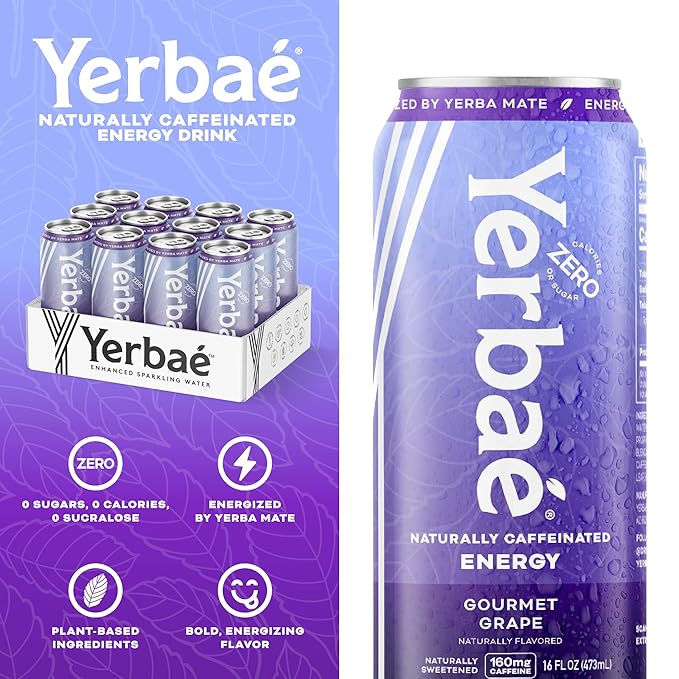 Yerbae Energy Beverage - Gourmet Grape 0 Sugar 0 Calories 0 Carbs Energized by Yerba Mate Plant-Based Healthy Alternative to Sugary Energy Drinks 16oz cans (12 Pack)