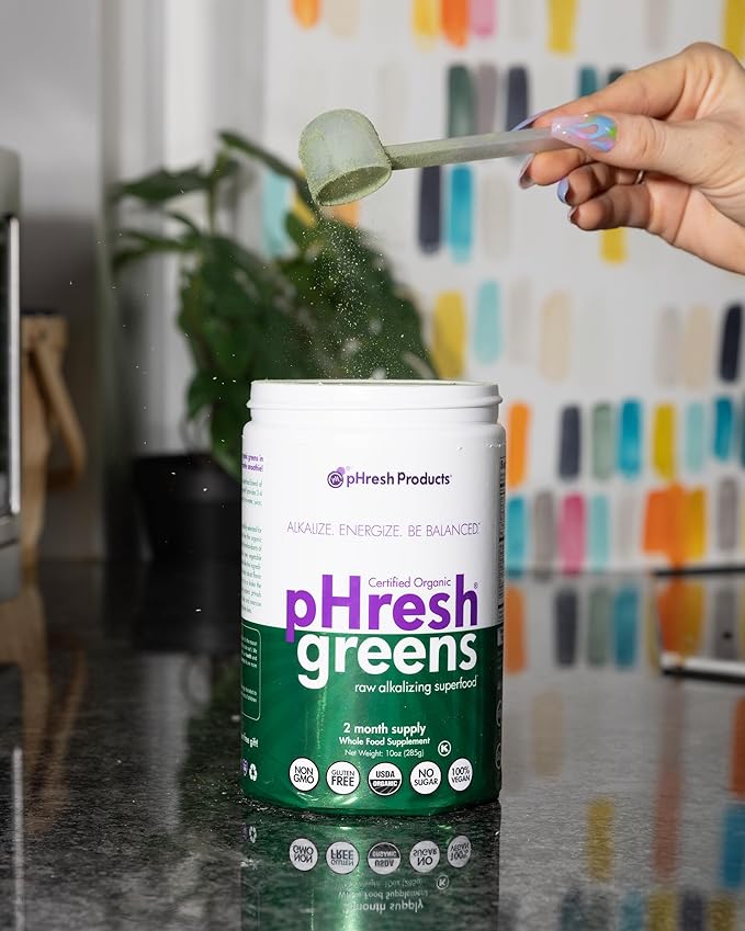 pHresh - Greens Raw Alkalizing Superfood Greens Powder - 2 Month Supply - Vegan Kosher Gluten Free - Natural Enzymes Nutrients - Approved for Intermittent Fasting - 10 oz