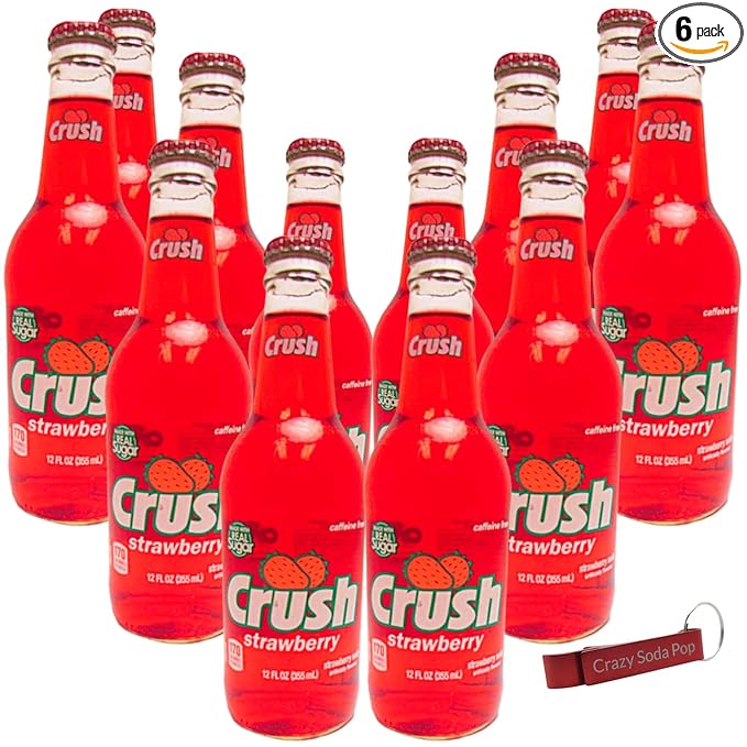 Crush Strawberry Soda | One of Crush’s Popular Soda Flavors | Real Cane Sugar | Caffeine Free | 12 oz Glass Bottles with Crazy Soda Pop Bottle Opener (12 Pack)
