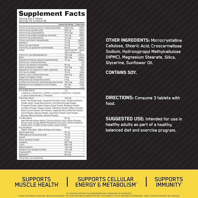 Optimum Nutrition Opti-Men Daily Multivitamin for Men Immune Support Supplement with Amino Acids 80 Day Supply 240 Count (Packaging May Vary)