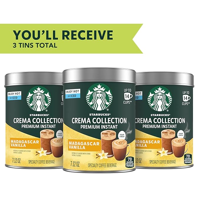 Starbucks Crema Collection Premium Instant Madagascar Vanilla Flavored Instant Coffee 100% Arabica Beans 3 Tins (7.12 Oz Each)