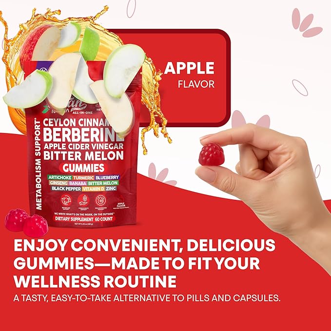 Sugar Savior Ceylon Cinnamon Berberine Gummies Apple Cider Vinegar Artichoke Turmeric Blueberry Ginseng Banaba Bitter Melon Black Pepper Vitamin D Zinc GLP1 Gummies 60 Count by Clean Nutra
