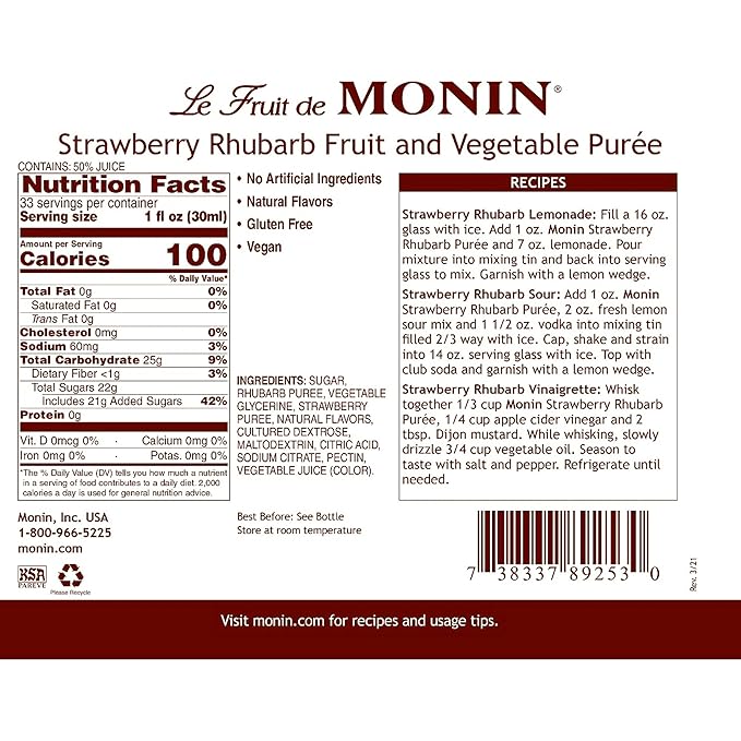Monin - Strawberry Rhubarb Purée Tart &amp Sweet Purée Made with Real Fruit &amp Vegetable Juices Antioxidant-Rich Fruit Purée for Cocktails Smoothies Cooking Baking &amp More Clean Label