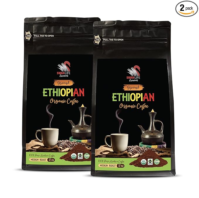100% ethiopian coffee ground - ETHIOPIAN GROUND ORGANIC COFFEE fair trade 100% pure arabica medium roast high acidity - coffee from ethiopia 2 Bags (24 Oz)