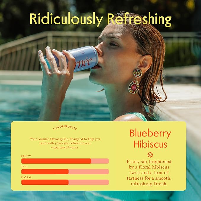 Journée Wellness Energy Drink Natural Caffeine Lion’s Mane L-Theanine 125 mg Caffeine Real Fruit Juice All Natural 0 Added Sugar Cognition Immunity - Blueberry Hibiscus – Pack of 12
