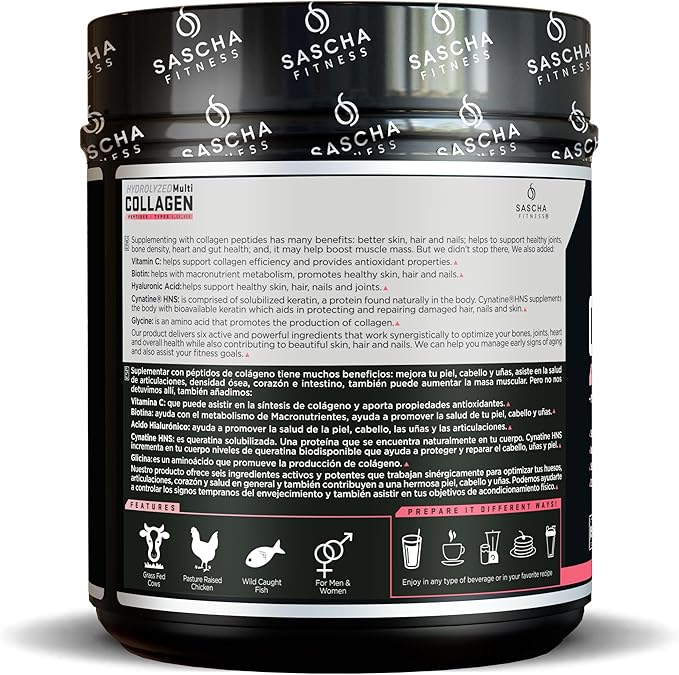 SASCHA FITNESS Hydrolyzed Multi Collagen Peptides Tipes 12 &amp 3 |Hyaluronic Acid|Biotin |Cynatine HSN|Vitamin C &amp E |for Hairs Skin &amp Bone Support|Strawberry Lemonade