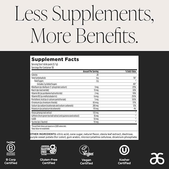 Arbonne Ginseng Energy Supplements - Peach Mango Flavor Fizz Sticks Energy Boost with Caffeine Powder from Guarana and Green Tea Delicious Alternative to Caffeine Pills