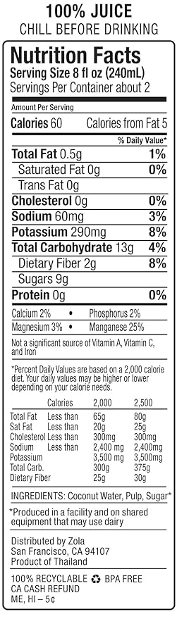 Zola 100% Natural Coconut Water with Pulp 17.5 Ounce (Pack of 12)
