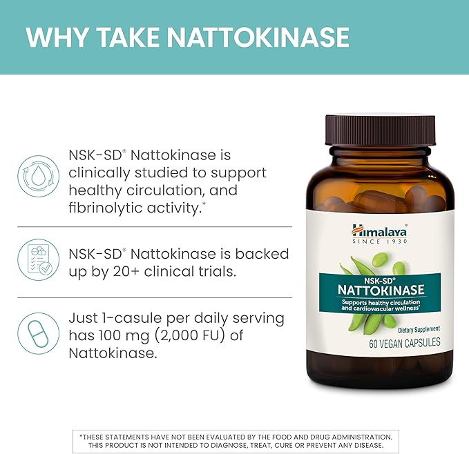 Himalaya NSK-SD Nattokinase Dietary Supplement for Healthy Circulation Vegan Gluten Free Natto Extract 100 mg 60 Capsules