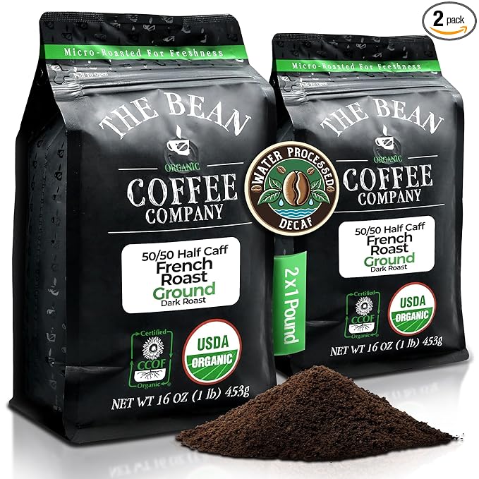 The Bean Organic Coffee Company 50/50 (Half Caff) French Roast 50% Decaf Dark Roast Ground Coffee 16-Ounce Bags (Pack of 2) Café Molido Tostado Orgánico descafeinado