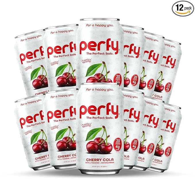 PERFY Caffeine Free Cherry Cola Soda | Made With Real Juice – Low Sugar Nootropic Drink with L-Theanine + Ashwagandha | Calming Adaptogen Mocktail | Keto | Sweetened with Stevia &amp Monk Fruit | 12-