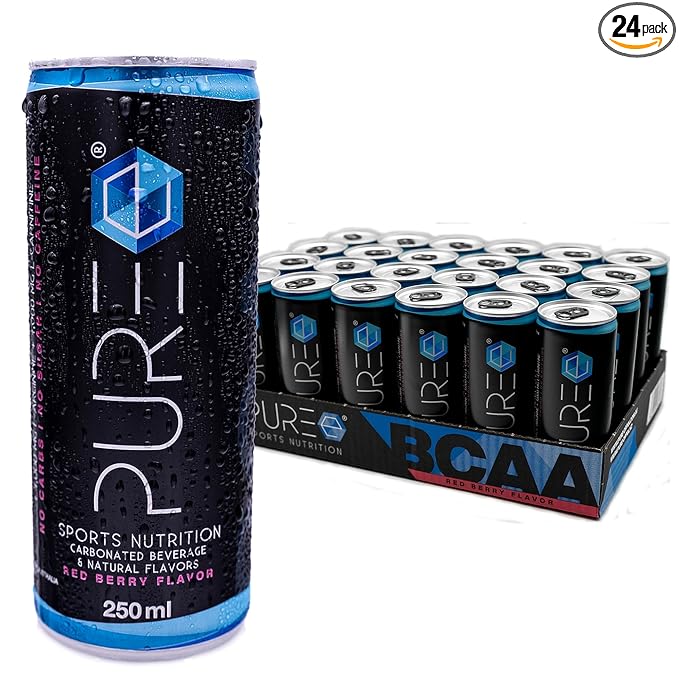 PURE Energy Drink Sports Nutrition 800 MG BCAA | NO SUGAR| NO CARBS | NO CAFFEINE | Vegan | L-Arginine + L-Carnitine (8.4 Fl OZ - 24 Pack)