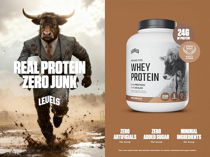 Levels Grass Fed Whey Protein Powder No Artificials 24G of Protein Pure Chocolate 5LB