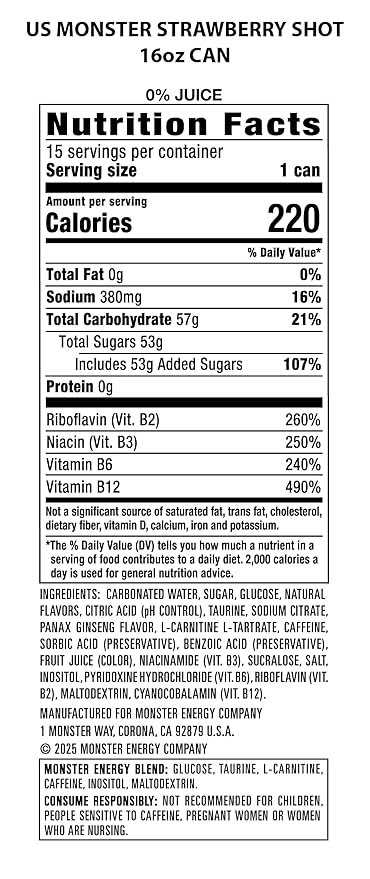 Monster Energy Strawberry Shot Green Original Energy Drink 16 Ounce (Pack of 15)