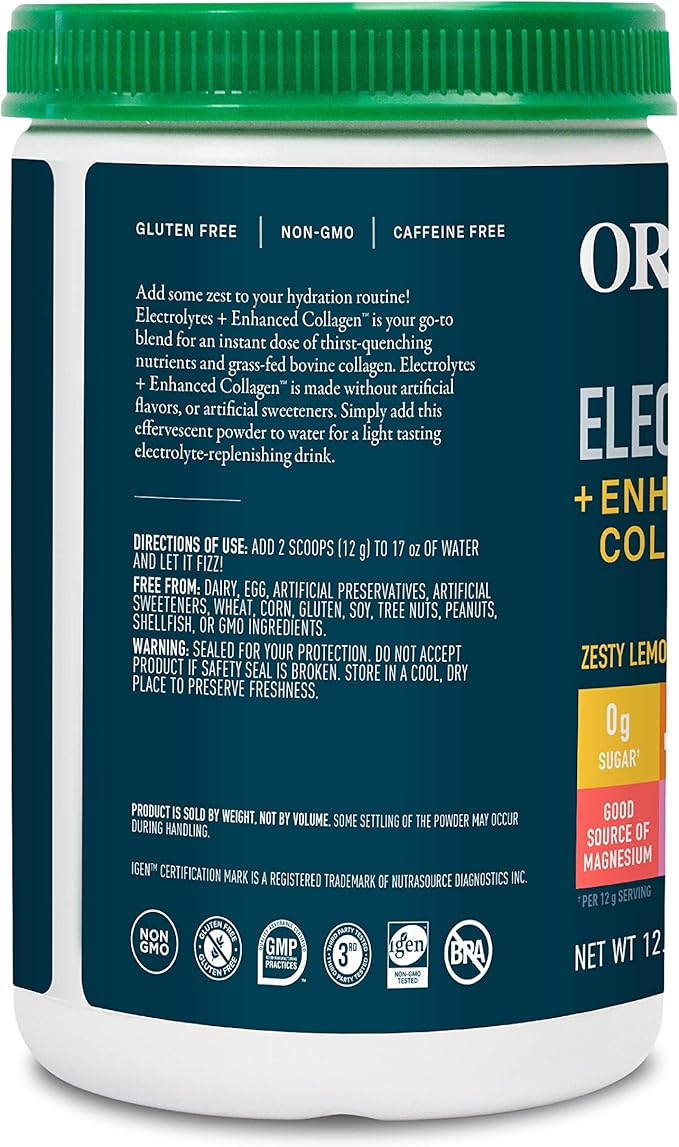 Organikа Electrolytes with Enhanced Collagen Powder for Women &amp Men - 13 oz - Zesty Lemon Berry-Flavored Effervescent Electrolyte &amp Collagen Drink Mix - Deep Hydration Mobility Skin Hair &