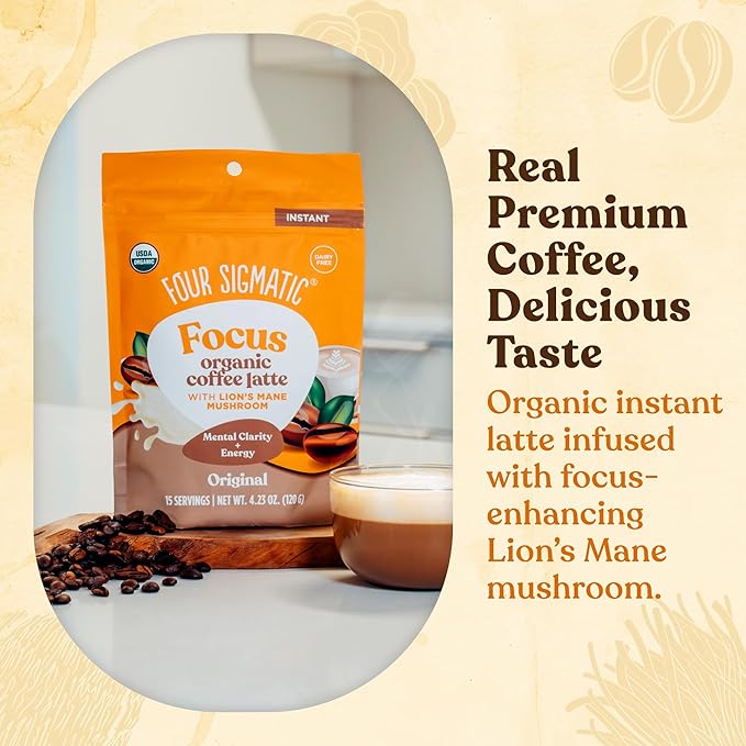 Four Sigmatic Original Focus Mushroom Coffee Latte | Plant-Based Organic Instant Latte with Lion’s Mane Mushroom for Focus and Mental Clarity | Made With Just 5 Organic Ingredients | 4.23 oz Bag