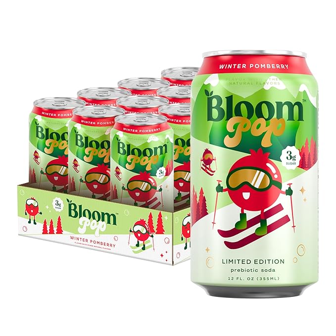 Bloom Pop Prebiotic Soda 12 Pack Winter Pomberry Flavor 12oz Cans | Prebiotic Soda for Gut Health Low Calorie Soda No Caffeine Healthy Soft Drink Alternative