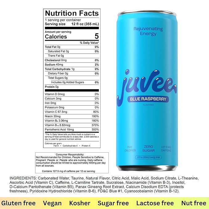 Juvee Rejuvenating Energy Drink – 12 oz Cans Pack of 12 – Sugar Free 128 mg Natural Caffeine per Can Zero Sugar Low Calorie Clean Energy &amp Mental Focus Booster