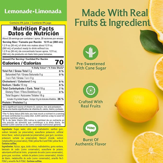 Frutiva Authentic Lemonade Drink Mix | Made in Mexico with Cane Sugar | Aguas Frescas Concentrate Makes 2.6 Gallons Per Bottle | No High Fructose Corn Syrup | Perfect for Drinks Desserts &amp More |