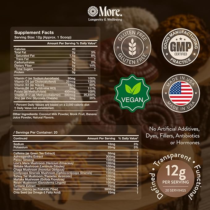 More. Longevity &amp Wellbeing Premium Mushroom Supplement Superfood with Natural Caffeine – 7 Functional Mushrooms Extracts with Lion’s Mane Supplement Reishi Chaga &amp Ashwagandha Extract for E