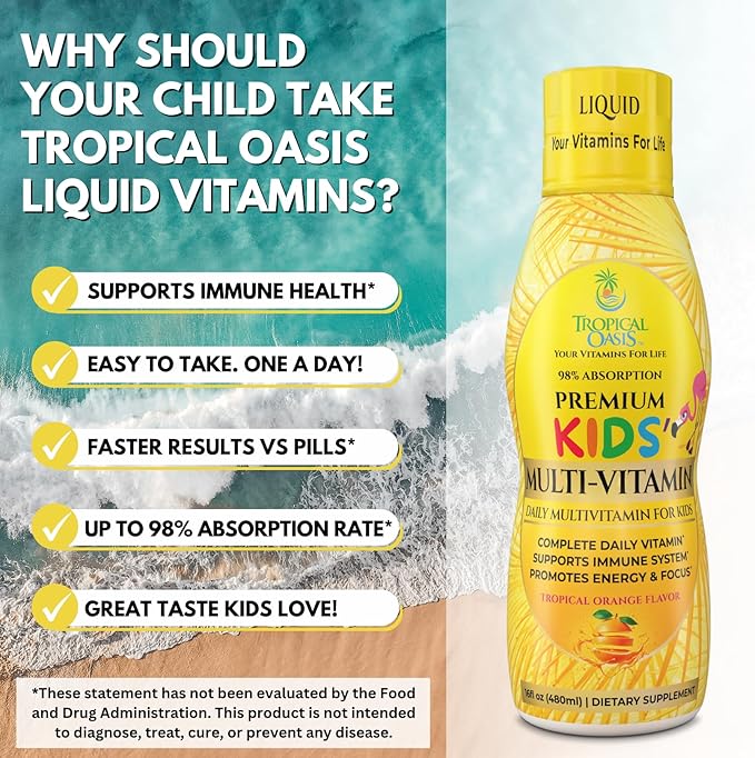 Premium Liquid Multivitamin For Kids | Sugar Free Kids Vitamins | 100% DV of 14 Vitamins for Kids | Multivitamin for Children Ages 4+ | Great Tasting Non-GMO Max 98% Absorption Rate- 16 oz 32 Serv