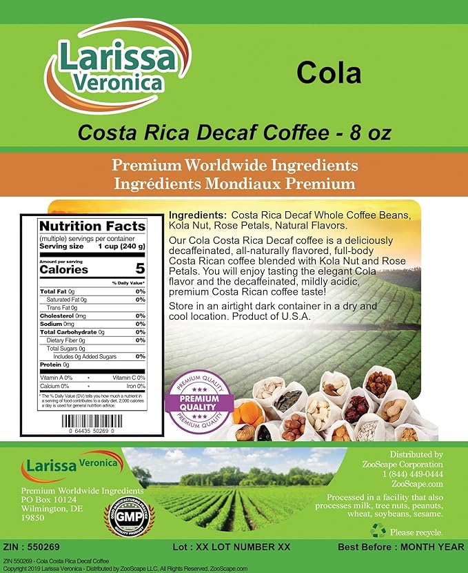 Cola Costa Rica Decaf Coffee (Gourmet Naturally Flavored Whole Coffee Beans) (8 oz ZIN: 550269)