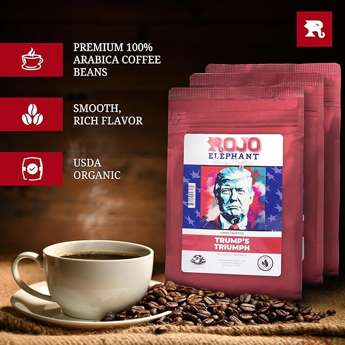 Rojo Elephant Handcrafted Ground Coffee 11 0z Bags 3 Pack Trump's Triumph Betsy Ross Susan B. Anthony Iconic Selection