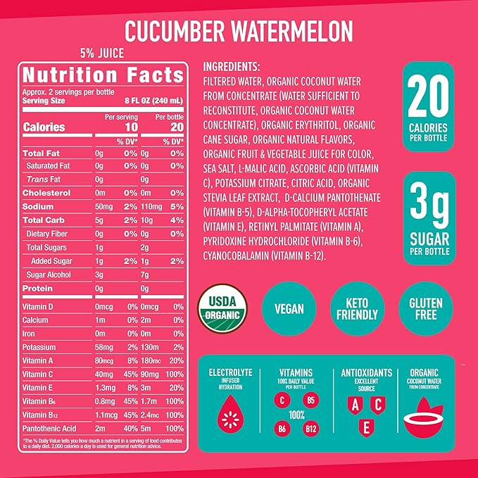 Roar Organic Electrolyte Infusions - USDA Organic - Cucumber Watermelon - with Antioxidants B Vitamins Low-Calorie Low-Sugar Low-Carb Coconut Water Infused Beverage 18 Fl Oz (Pack of 12)