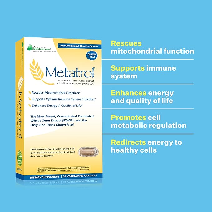 American BioSciences Metatrol Fermented Wheat Germ Extract - Immune &amp Mitochondria Support for Renewed Vitality &amp Enhanced Energy - Gluten Free - 60 Vegetarian Capsules 41mg