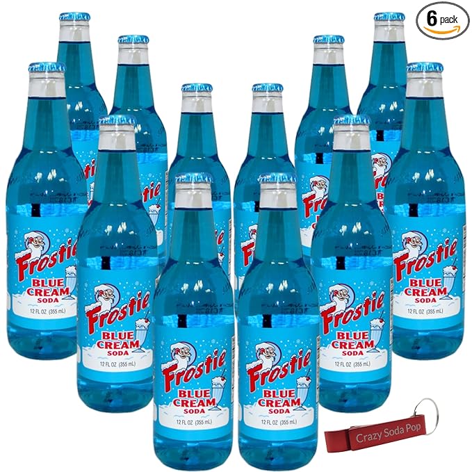 Frostie Blue Cream Soda | One of Frostie’s Popular Soda Flavors | Real Cane Sugar | Caffeine Free | 12 oz Glass Bottles with Crazy Soda Pop Bottle Opener (12 Pack)