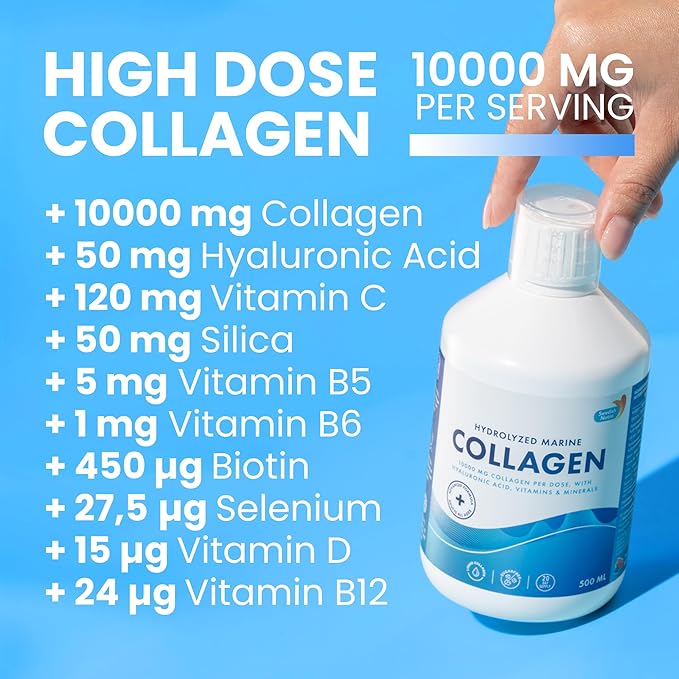 Swedish Nutra - 100% Marine Collagen Powder 300g &amp 10000 mg Hydrolyzed Marine Collagen Liquid Supplement | Hyaluronic Acid Biotin and Vitamin C to Support Healthy Hair Skin Nails and Joints