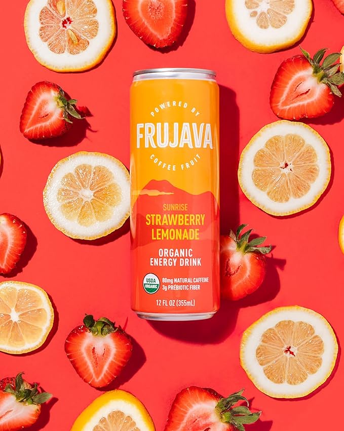 Organic Energy Drink Sunrise Strawberry Lemonade 80mg Natural Caffeine 3g Prebiotic Fiber 12oz Can Powered by Coffee Fruit Organic Low Calorie Adventure Energy (Pack of 12)