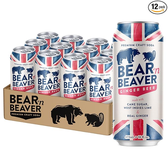 Bear 'n Beaver Premium Craft Ginger Beer Soda Soft Drinks Made with 100% Cane Sugar Real Ginger &amp Lime - Vegan &amp Gluten-Free - Bold Caffeine Free Flavor for Mocktails &amp Mixing - 12 Pack o