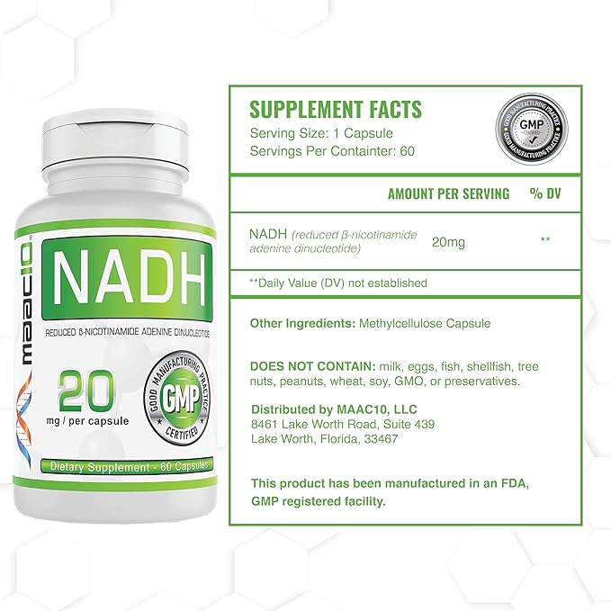 MAAC10 NADH Supplement 20mg Each 60 Capsules for Energy Fatigue Mental Focus &amp NAD+ Longevity Support | Pharmaceutical Grade 99% Pure NADH (Pack of 2)