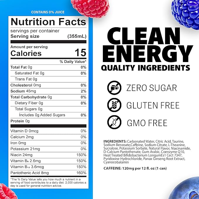 Liquid Ice Energy Drink - With Postbiotics For Gut-Health Natural Caffeine Zero Sugar 120mg Caffeine L- Theanine Antioxidant Support Clean Focused Energy with Green Tea Extract COQ10 Glacier B