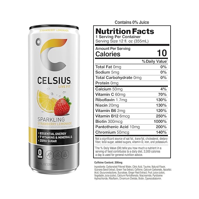 CELSIUS Sparkling Strawberry Lemonade Functional Essential Energy Drink 12 Fl Oz (Pack of 12)