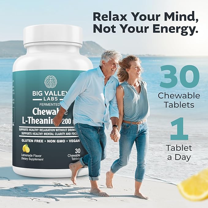 L-Theanine 200 mg Chewable Tablet – AlphaWave® - Lemonade Flavor – Vegan Non-GMO Gluten-Free Supplement for Calm Focus and Brain Function