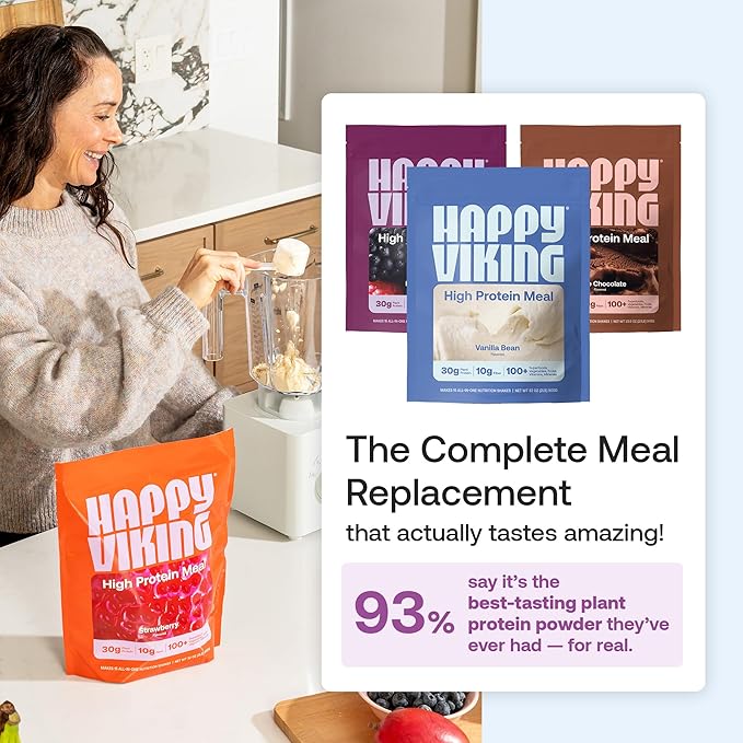 Happy Viking Plant-Based Protein Powder +100 Superfoods Berry Parfait Meal Replacement Shake Created by Venus Williams 30g Plant Protein 10g Fiber Vegan Gluten-Free Non-GMO 15 Meals