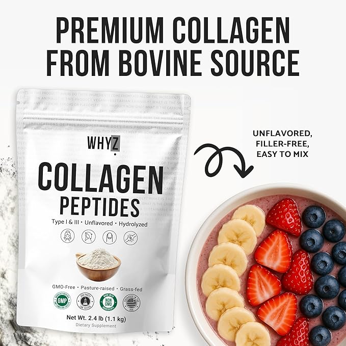 Bovine Collagen Peptides Powder Hydrolyzed Type I &amp III Protein Grass-Fed Pasture-Raised Source Unflavored Collagen Supplement Paleo-Friendly for Active Lifestyles &amp Wellness Non-GMO 2.4lb