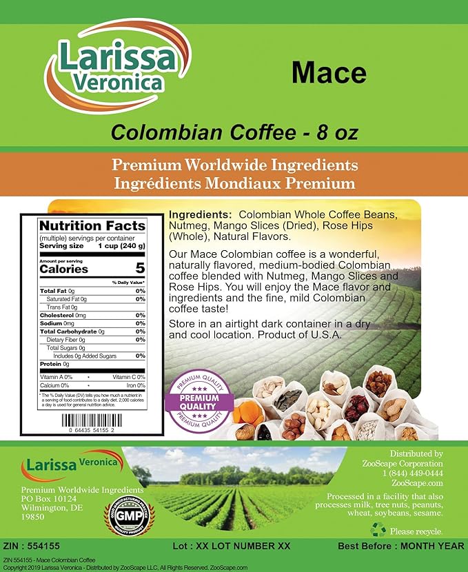 Mace Colombian Coffee (Gourmet Naturally Flavored Whole Coffee Beans) (8 oz ZIN: 554155) - 2 Pack
