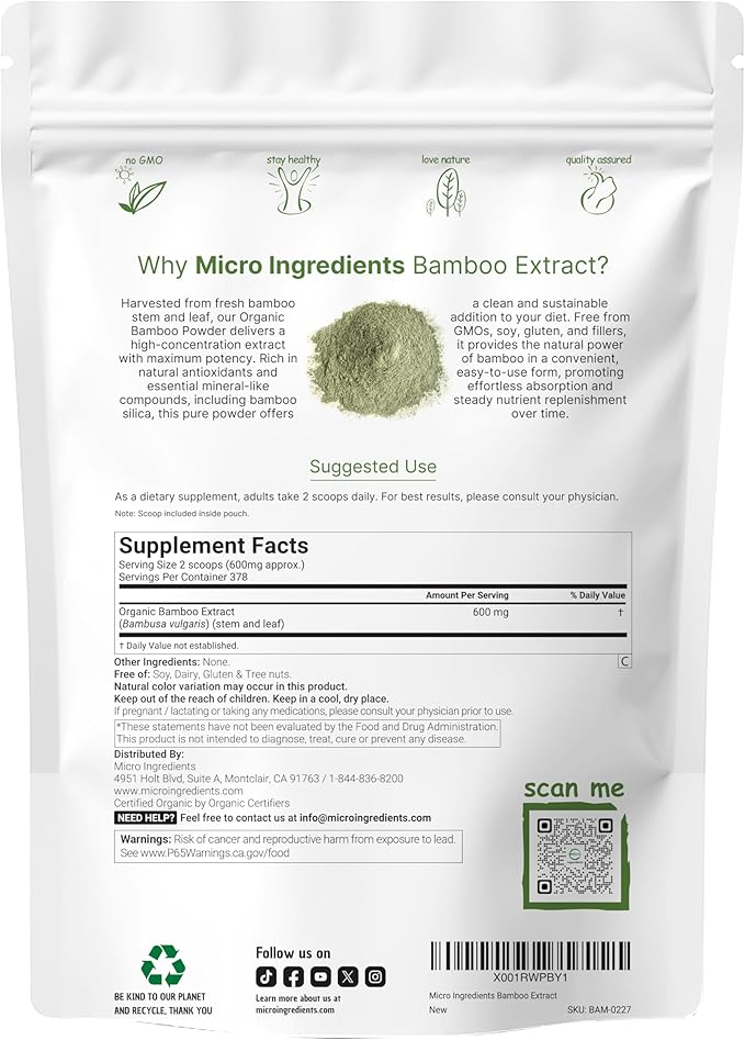 Micro Ingredients Organic Bamboo Extract Powder 8oz (378 Servings) | Bamboo Plant Silica &amp Mineral Supplements | Natural Stem &amp Leaf Extract | Non-GMO Gluten Free Vegan Friendly