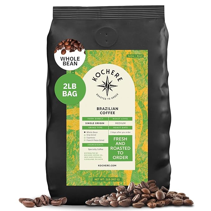 Kochere Brazilian Specialty Whole Bean Coffee – 2LB Medium Roast – Freshly Roasted to Order – Single Origin Farm Direct Smooth Cocoa Notes – Whole Bean